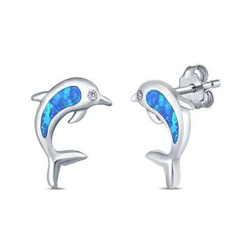 Dolphin Stud Earrings Lab Created Blue Opal 925 Sterling Silver (13mm)